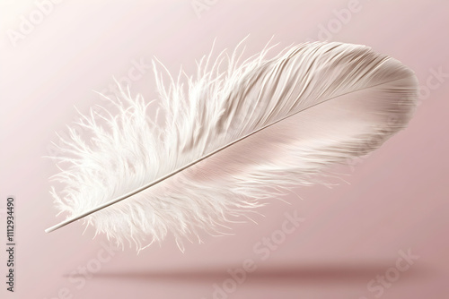 Elegant white ostrich feather floating gently against a soft pink background; delicate, airy, and serene.  Perfect for beauty, fashion, or spirituality. photo