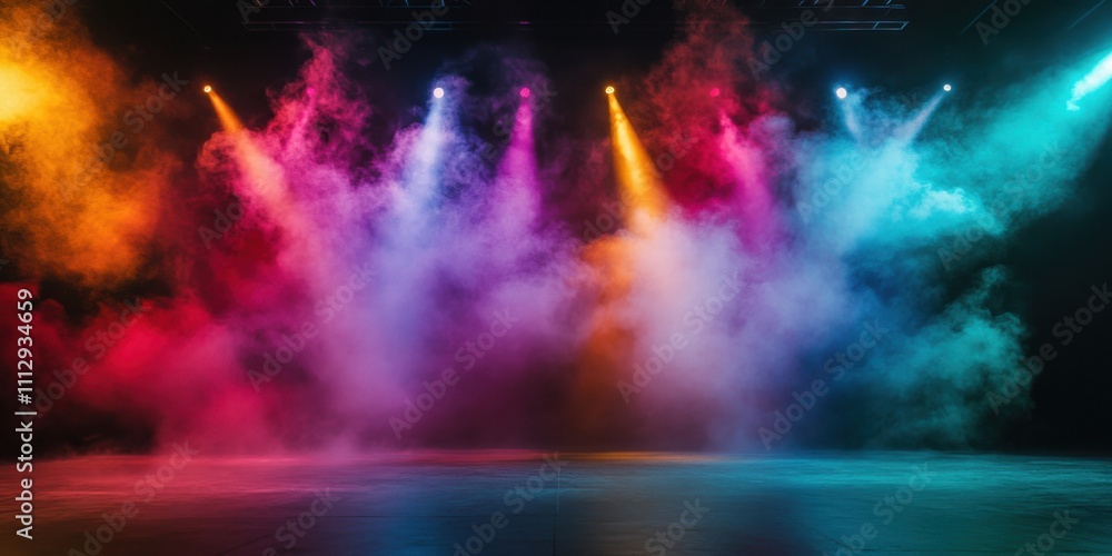 Swirling colorful smoke in constant motion, surrounded by radiant spotlight beams illuminating an arena stage, against a stark dark void Swirling colorful smoke in constant motion, surrounded by radiant spotlight beams illuminating an arena stage, against a stark dark void