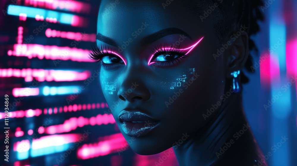 Black woman with neon-lit intricate makeup, blending digital aesthetics with modern cyber themes Black woman with neon-lit intricate makeup, blending digital aesthetics with modern cyber themes