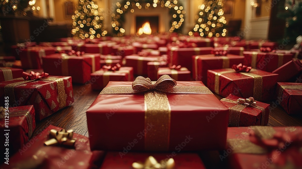 Numerous red and gold-wrapped gifts fill a festive room with twinkling lights and a crackling fire, creating a warm holiday atmosphere Numerous red and gold-wrapped gifts fill a festive room with twinkling lights and a crackling fire, creating a warm holiday atmosphere