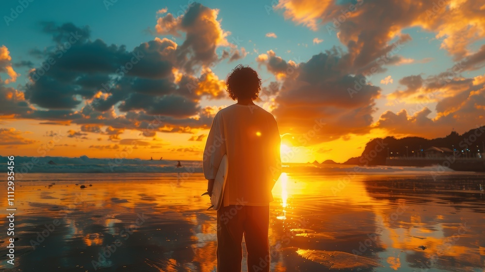 Fototapeta premium Surfer silhouetted against vibrant sunset ocean backdrop.