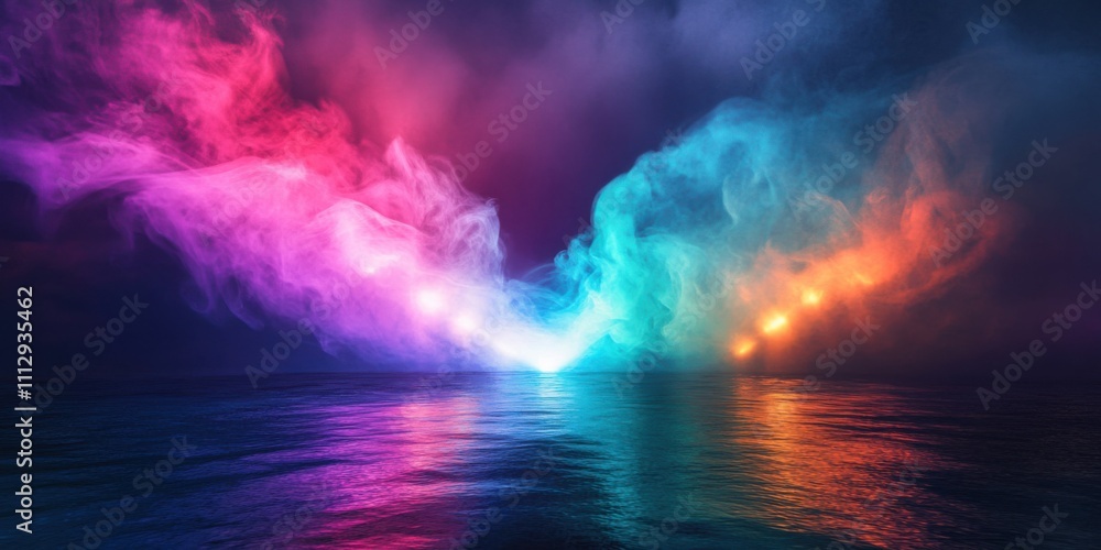 Fototapeta premium Swirling colorful smoke wafting over a serene ocean shore, illuminated by vibrant spotlight beams, blending into the shadows of an infinite void