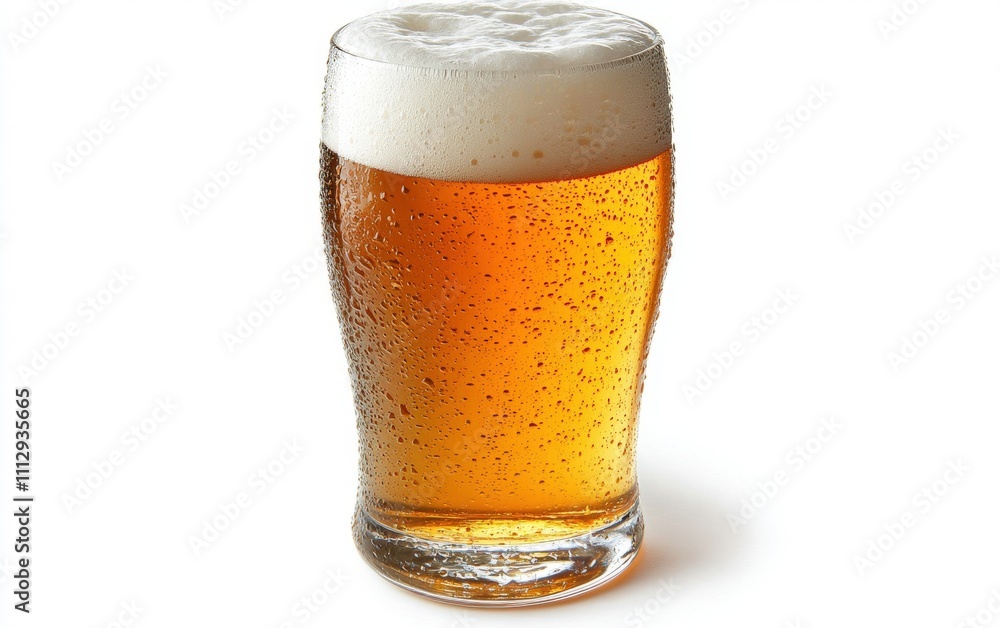 Glass of Beer A frothy glass of golden beer with a thick foam head, tiny bubbles rising to the top, condensation visible on the glass, on a white background. Glass of Beer A frothy glass of golden beer with a thick foam head, tiny bubbles rising to the top, condensation visible on the glass, on a white background.