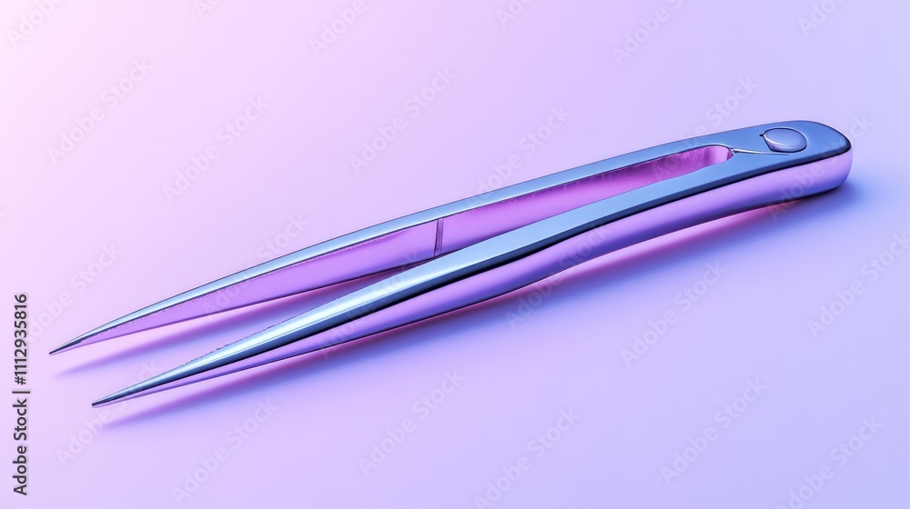 Close-up of sleek, metallic tweezers on a gradient purple background. Close-up of sleek, metallic tweezers on a gradient purple background.