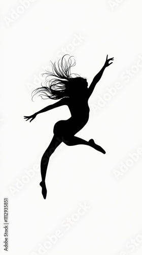 Leaping dancer silhouette; flowing hair, dynamic pose.