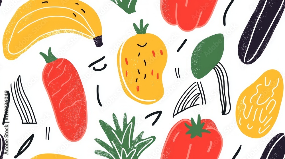 Vibrant Fruit and Vegetable Seamless Pattern Design for Textiles Vibrant Fruit and Vegetable Seamless Pattern Design for Textiles