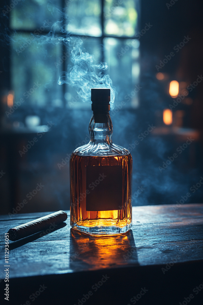 bottle of whiskey and cigar on dark background and smoky background,generative AI bottle of whiskey and cigar on dark background and smoky background,generative AI