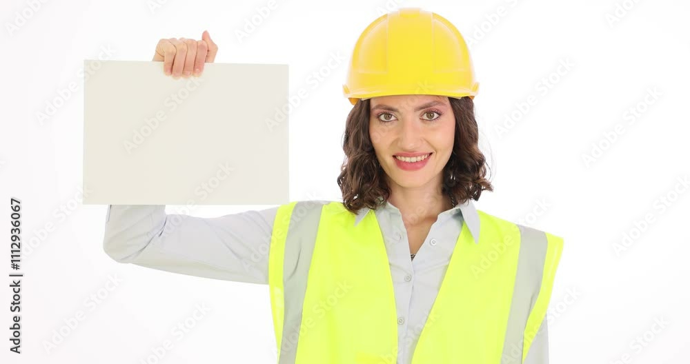 Smiling woman engineer in hardhat holds blank paper sheet. Young female professional in reflective vest shows blueprint of construction site