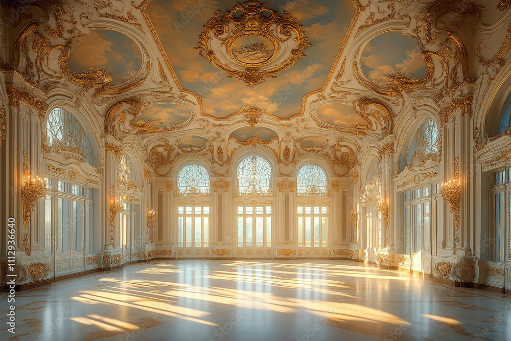 Fototapeta premium Elegant Ballroom with Ornate Gold Details and Sunlight