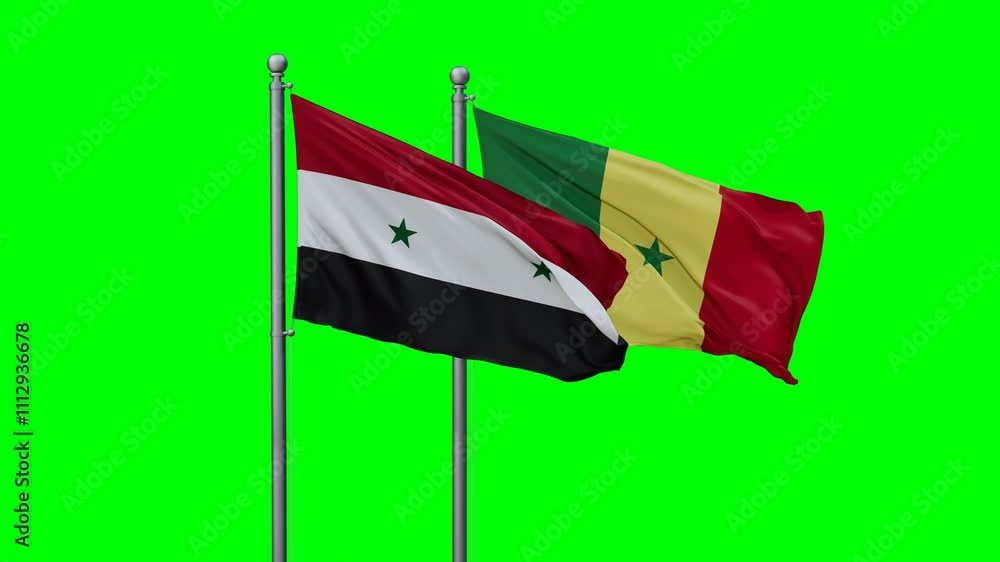 Republic of Senegal and Syria flags flying together, video concept of the relationship with colored chroma key for easy background remove, two country cooperation concept Republic of Senegal and Syria flags flying together, video concept of the relationship with colored chroma key for easy background remove, two country cooperation concept