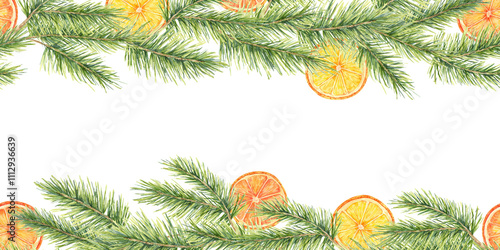 Green pine branches accented with orange slices in watercolor, seamless border clipart. This illustration is suitable for holiday cards, candle labels, and DIY crafts, adding a cozy seasonal charm