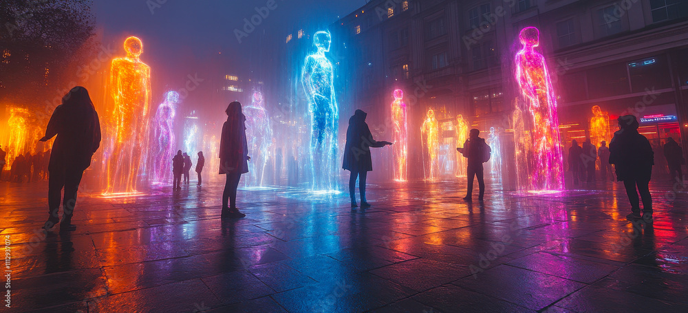 Futuristic City Square with People Engaging with Vibrant Holographic Sculptures at Night Futuristic City Square with People Engaging with Vibrant Holographic Sculptures at Night