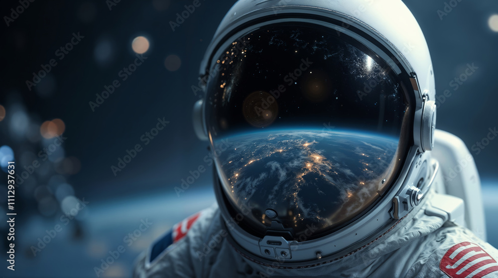 Astronaut helmet and space station over Earth Astronaut helmet and space station over Earth