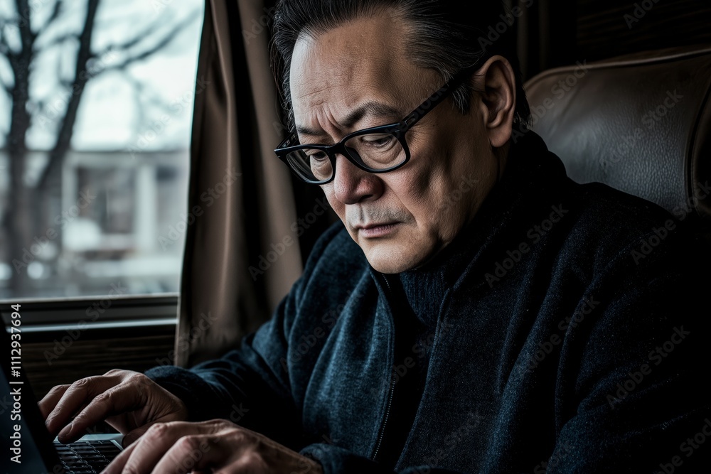 Obraz premium Businessman focused on productive work session in premium cabin during travel