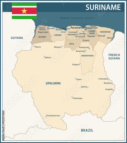 Suriname Map Vector Vintage Dark Blue Beige - Customizable layered political map of Suriname with administrative divisions for website, education, reports, news, politics, print, poster and wallpaper