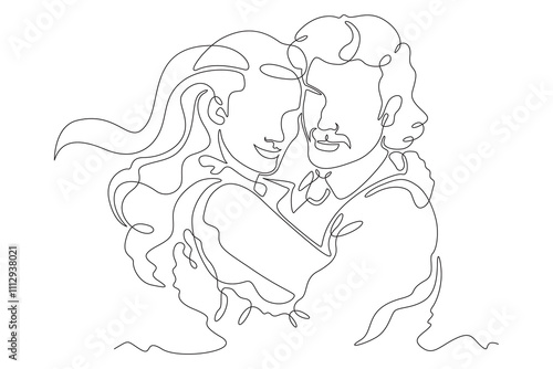 Continuous one line drawing hugs of a couple in love. Lovers hug. Tenderness and love. Man and woman. One continuous line isolated minimal illustration.Not AI.