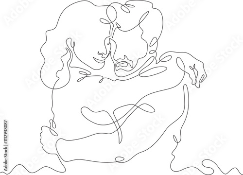 Continuous one line drawing hugs of a couple in love. Lovers hug. Tenderness and love. Man and woman. One continuous line isolated minimal illustration.Not AI.