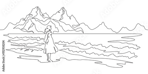 Continuous one line drawing woman standing on the seashore. Waiting by the sea. Sea landscape.One continuous line isolated minimal illustration.Not AI.