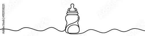 One continuous line illustration of a baby bottle, isolated on white background. Line art of baby bottle