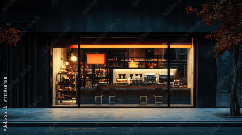 Charming evening view of a cozy caf? with warm lights and modern design in an urban setting during twilight Charming evening view of a cozy caf? with warm lights and modern design in an urban setting during twilight