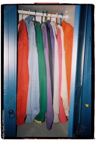 Colorful hoodies neatly arranged in a locker photo