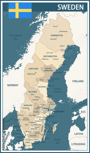 Sweden Map Vector Vintage Dark Blue Beige - Customizable layered political map of Sweden with administrative divisions for website, education, reports, news, politics, print, poster and wallpaper