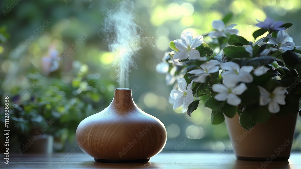Aromatic diffuser releases calming mist near blooming flowers Aromatic diffuser releases calming mist near blooming flowers
