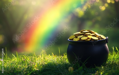 Pot of Gold at Rainbows End A black pot filled with gold coins, placed under a bright, colorful rainbow on a grassy surface. photo