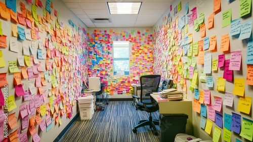 Colorful notes cover office walls, desk, and chair.