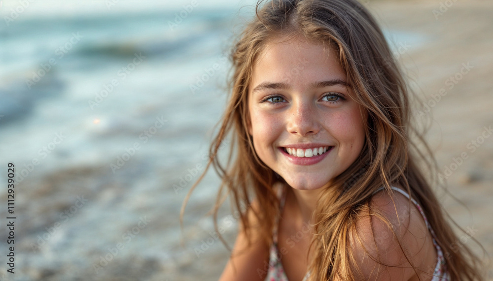 Smiling young girl stands on a sunny beach with serene waves and a glowing backdrop.
Smiling young girl stands on a sunny beach with serene waves and a glowing backdrop.