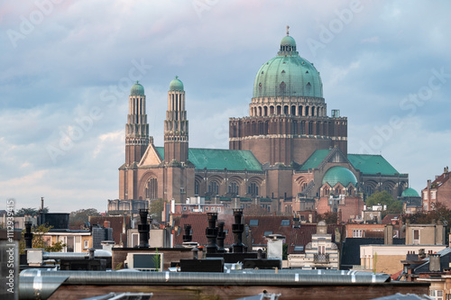 High angle view over the Basilica of the Sacred Heart and rooftops in Koekelberg, Brussels Region, Belgium photo