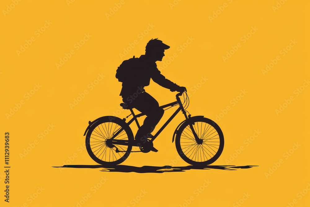 Obraz premium Bicyclist riding against a bright yellow background during sunset hours