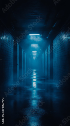 Mysterious blue-lit corridor enveloped in fog with shadows during nighttime exploration