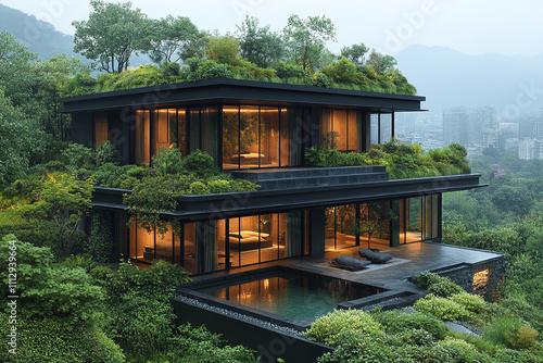 Modern Green Roof House Integrated Into Lush Hillside Landscape photo