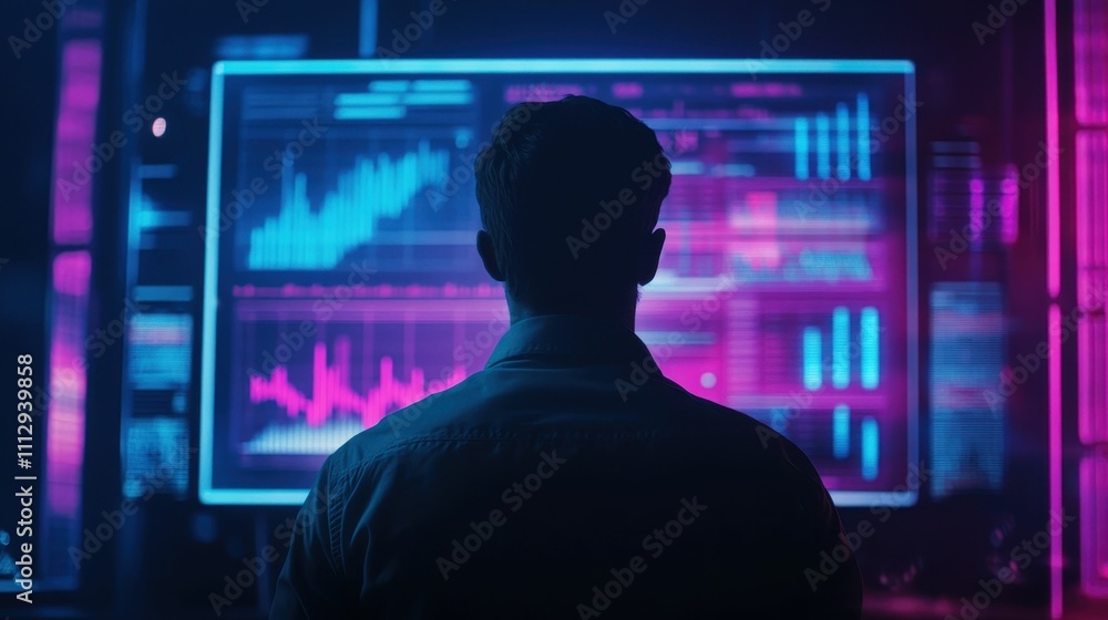 Silhouette views data; vibrant screen glows. Silhouette views data; vibrant screen glows.
