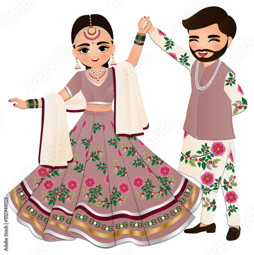 Bride and groom cute couple indian dress cartoon character