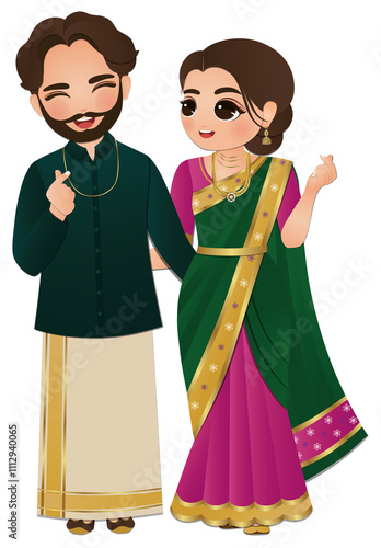 Bride and groom cute couple indian dress cartoon character