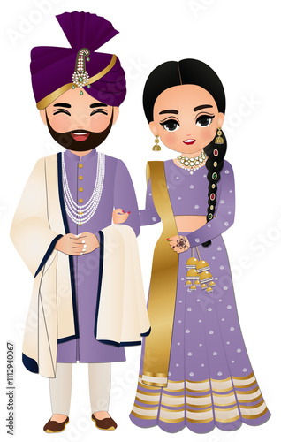 Bride and groom cute couple indian dress cartoon character