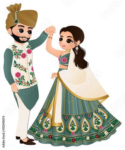 Bride and groom cute couple indian dress cartoon character