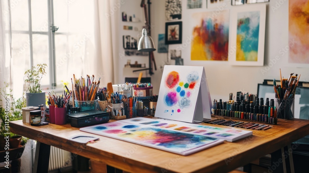 Colorful art supplies arranged on a wooden table in a bright art studio. Colorful art supplies arranged on a wooden table in a bright art studio.