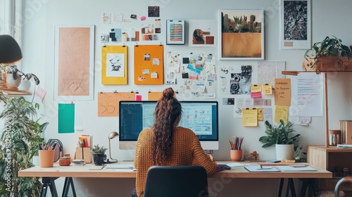Woman working at home office desk with inspiration board.
