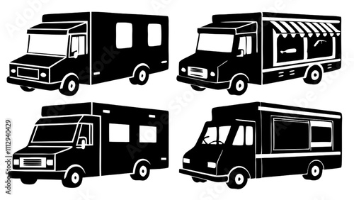 Vector Food Truck Silhouette Icon Set:  A versatile set of four food truck silhouettes, perfect for branding, design, or illustrating a food truck theme.  