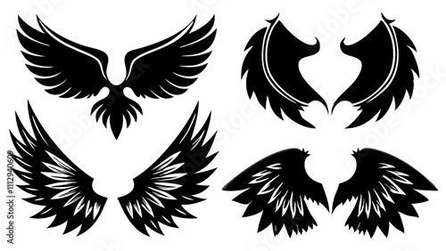 Black and White Wing Set:  A collection of four distinct, black and white wing designs perfect for creating logos, tattoos, or adding a touch of symbolism to your design.  The wings range in style.