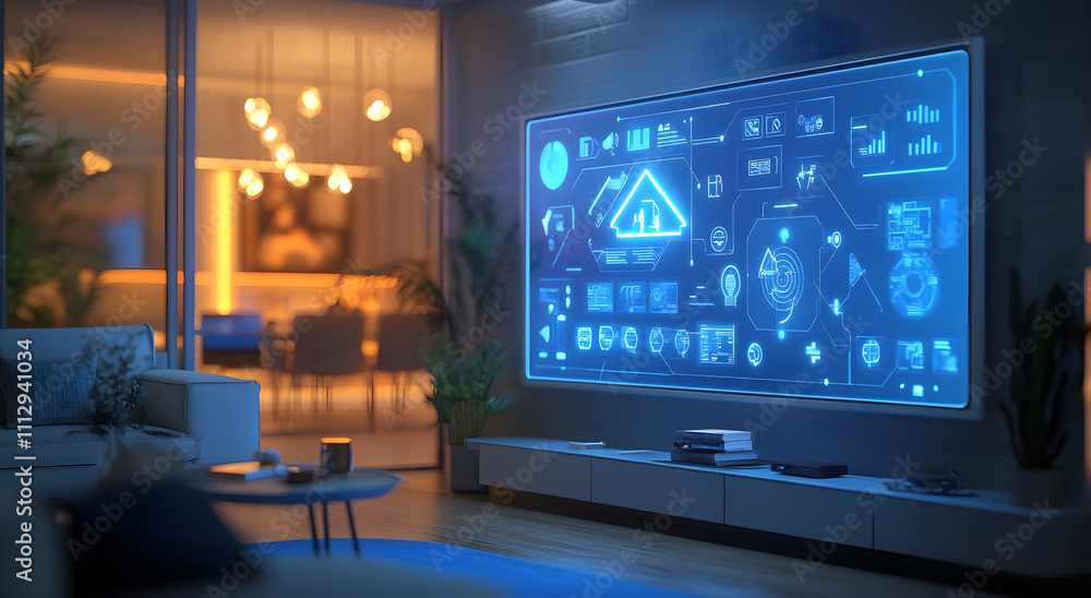 Modern Connected Living Room with Holographic Control Panels, AI GENERATIVE Modern Connected Living Room with Holographic Control Panels, AI GENERATIVE