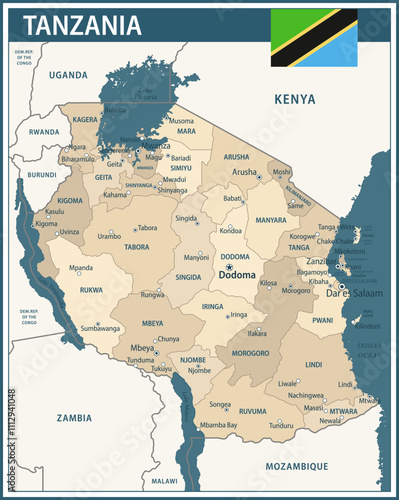 Tanzania Map Vector Vintage Dark Blue Beige - Customizable layered political map of Tanzania with administrative divisions for website, education, reports, news, politics, print, poster and wallpaper