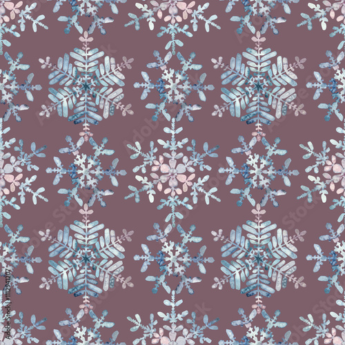 Seamless winter pattern. Granulation watercolour snowflakes on a pink background. Hand drawn illustration. Frost crystals drawn by hand. For fabric, sketchbook, wallpaper, wrapping paper, invitation
