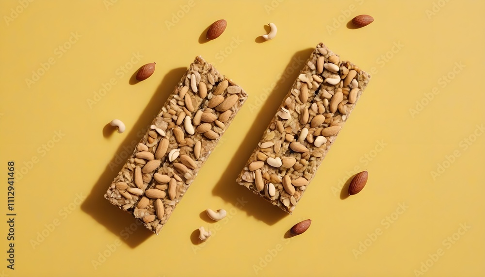granola bars with nuts and grains around, with yellow background granola bars with nuts and grains around, with yellow background