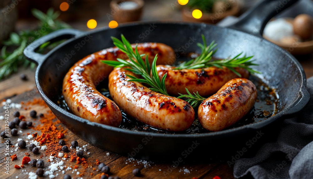 A close-up of sizzling sausages with rosemary in a cast iron skillet, surrounded by spices. A close-up of sizzling sausages with rosemary in a cast iron skillet, surrounded by spices.