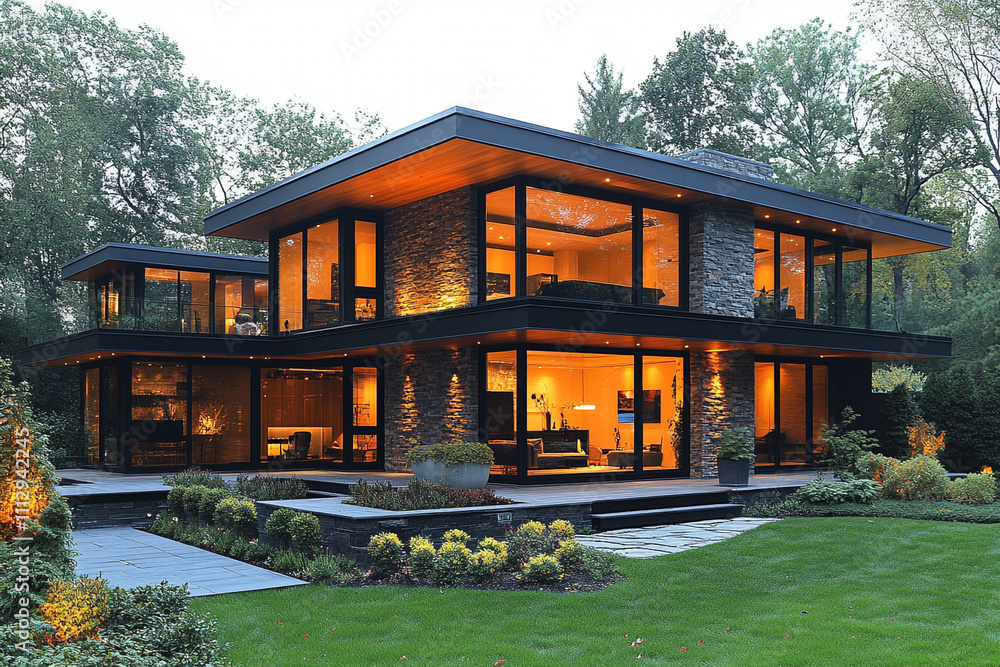 Modern Two Story Stone And Glass House At Night
