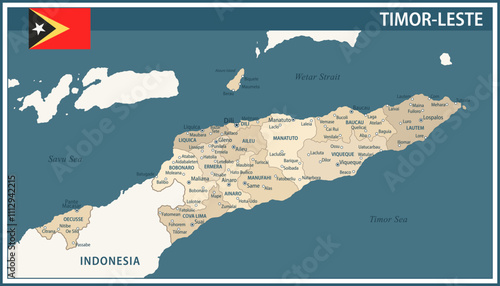 East Timor Map Vector Vintage Dark Blue Beige - Customizable layered political map of Timor-Leste with administrative divisions for website, education, reports, news, politics, print, poster